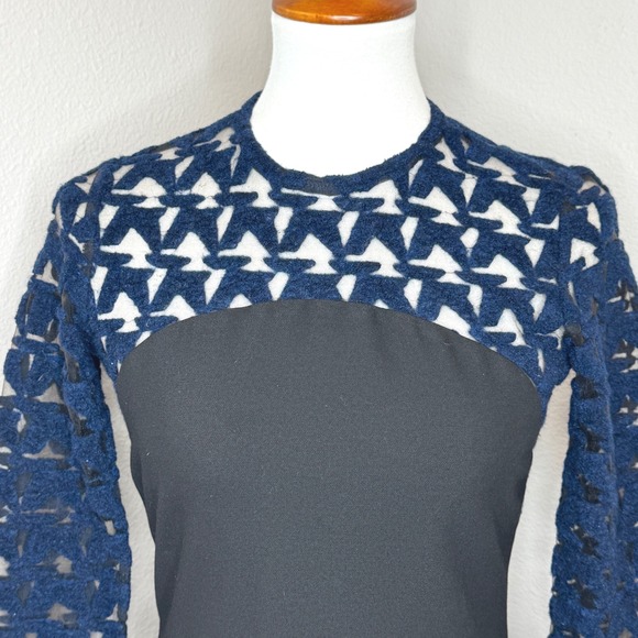 UKE. Bodycon Dress Sz 6 Made in Spain Lace Mesh Top Ponte Knit Bottom Navy Black - Picture 2 of 11